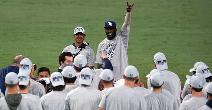 Tampa Bay Rays left fielder Randy Arozarena (56) and the Rays celebrate the victory against the Houston Astros following game seven of the 2020 ALCS at Petco Park.